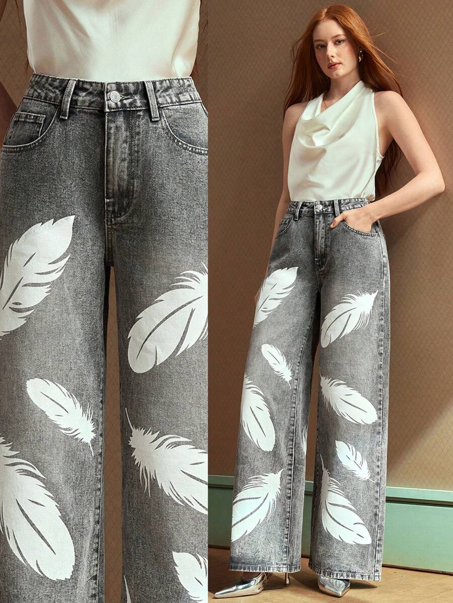 SHEIN BAE Jeans a vita bassa con stampa di piume, gamba dritta e morbida, casual e versatile per tutte le stagioni - Grigio - Visualizzare 1