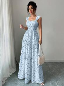 Selianne Váy hoa không tay thắt eo cho nữ, váy cưới phong cách đa năng, váy dài, váy maxi cho mùa xuân/hè, trang phục dự tiệc cho nữ, trang phục thanh lịch, phù hợp để đi làm hàng ngày, lễ hội âm nhạc, trang phục ngày lễ/lễ hội âm nhạc/váy Derby - Màu xanh nhạt - Xem 5