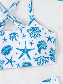 SHEIN Tween Girls All-Over Print Cross Strap Tankini Top And Triangle Bikini Bottom 2pcs Swimsuit Set - White - View 4