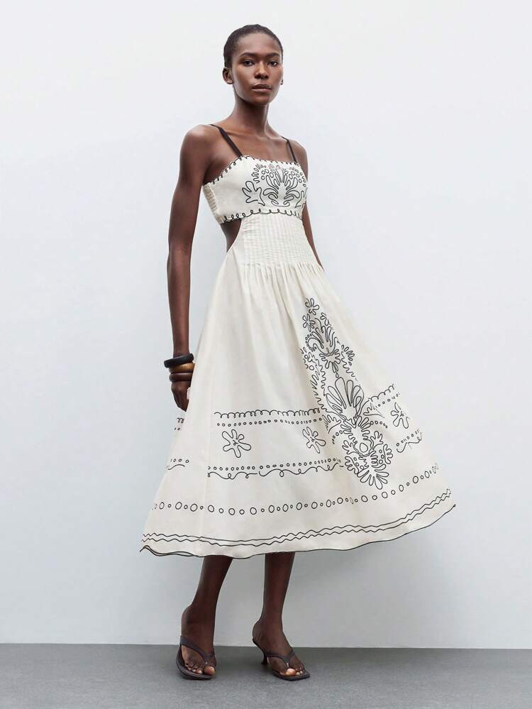 SHEIN Maija 女性用 フローラルプリント ウエストストラップ ホロウアウト ドレス、バケーションスタイル バケーションアウトフィット ビーチアウトフィット カジュアルドレス ハワイアウトフィット レディース フローイードレス バケーションサマードレス ボヘミアンレディースドレス ロングキュートドレス アウトドアドレス オールホワイト ウェディングゲストドレス エレガントボヘミアンレディースウェア ボヘミアンレディースウェア オフショルダーフローイードレス オフショルダー