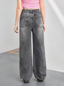 SHEIN Explorewe Tween Girls Casual Fashionable Butterfly & Heart Letter Print Mid-Rise Washed Grey Loose Straight Leg Jeans - Grey - View 2