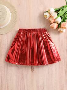 Elladie kids Young Girl Solid Color Metallic Pleated Mini Skirt Fall Winter - Red - View 2