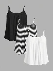 SHEIN EZwear Camiseta de tirantes minimalista y casual de talla grande, para club, aeropuerto, maestras, vacaciones, playa - Paquete de 3 tops con diseño de rayas, camisetas básicas - Blanco y Negro - Ver 1