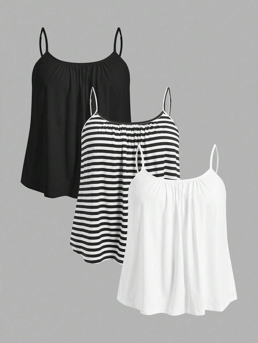 SHEIN EZwear Camiseta de tirantes minimalista y casual de talla grande, para club, aeropuerto, maestras, vacaciones, playa - Paquete de 3 tops con diseño de rayas, camisetas básicas - Blanco y Negro - Ver 1