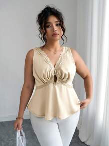 Elenzga 1 pieza Parte superior sin mangas elegante y versátil de talla grande, tank top con escote en V profundo y adorno de encaje sexy