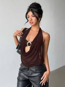 Aloruh Nueva parte superior metálica con escote pronunciado y espalda descubierta, de estilo sexy y semitransparente - Marrón - Ver 4
