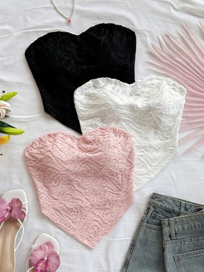 Soleia 3 件套女士节日白色、绿色和黑色提花纹理抹胸、短款吊带背心