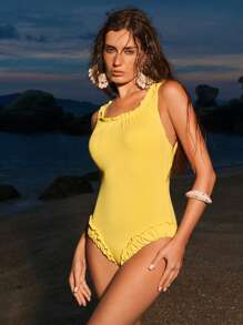 Anewsta Women's Ruched Design Minimalist Solid One-Piece Swimsuit For Beach Vacation, Summer - Yellow - View 3