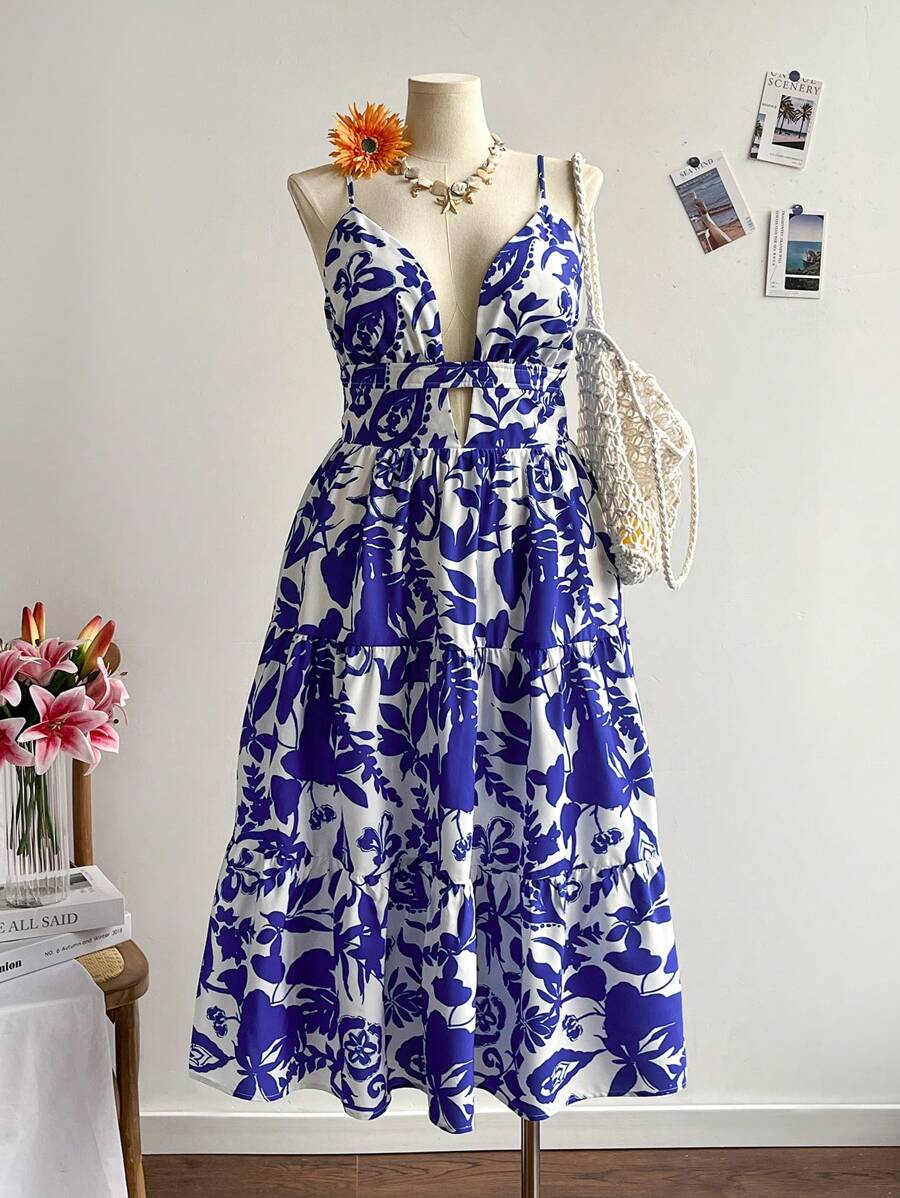 Dreamara Plus Size Women Sleeveless Ethnicity Print Maxi Dress, Vacation Wear - Blue and White - View 1