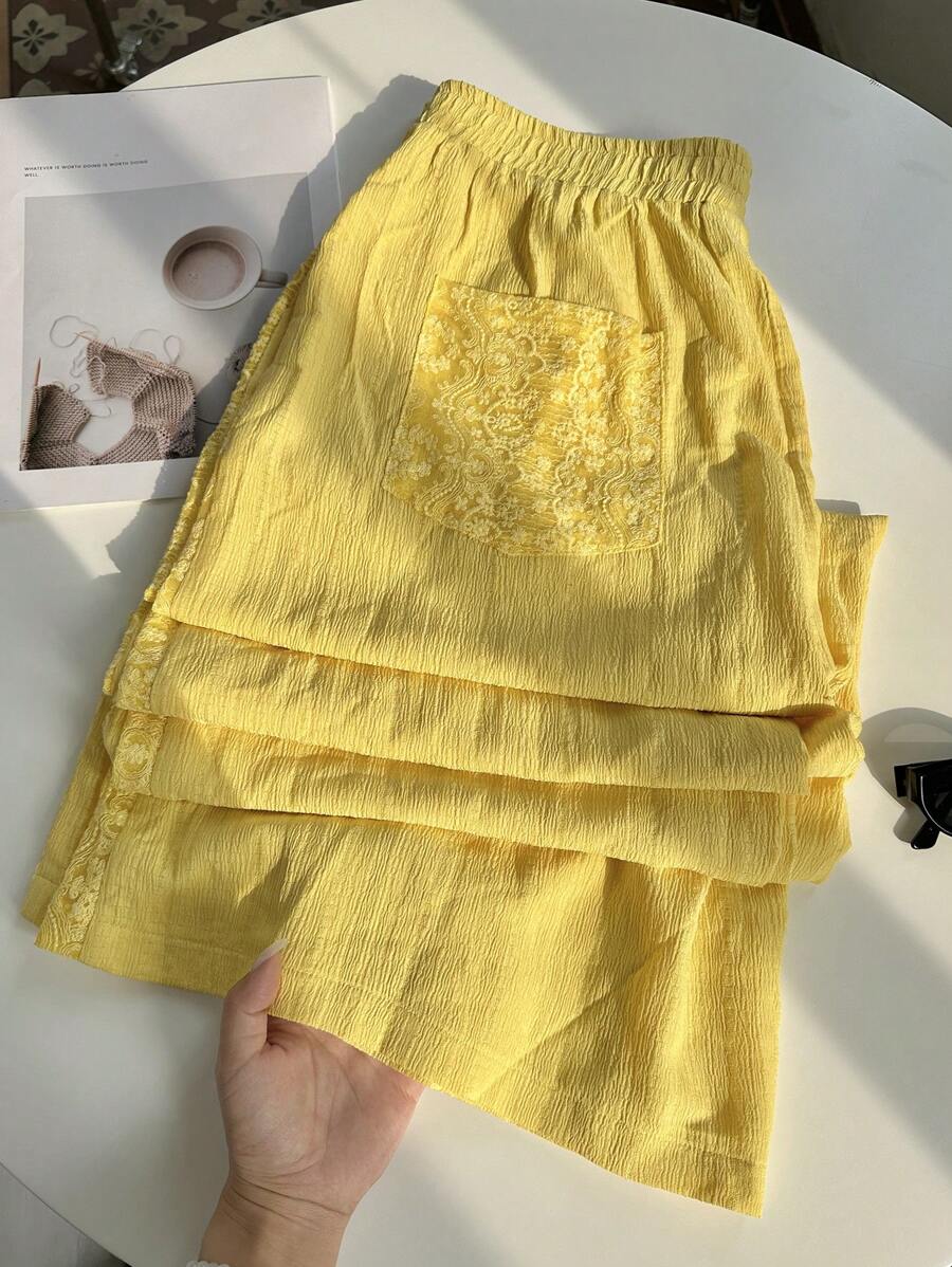 Comfortcana 大码女式夏季撞色蕾丝松紧腰阔腿宽松裤