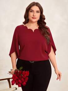 SHEIN Clasi 曲线加大码女式红色 V 领开衩袖浪漫优雅衬衫，情人节，女士度假装，情人节服装，情侣装，女士外出上衣，商务休闲女装，夏季，可爱上衣，女士复古服装，办公室