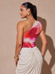 Silquee Summer Tie-Dye Printed One Shoulder Hollow Sleeveless Tight-Fitting Women's Bodysuit, Suitable For Romantic Dates, Going Out, Matching Pants And Skirts, Beach Vacation Bodysuits, Beach Outfits For Woman, Beach Vacation Outfits - Multicolor - View 6