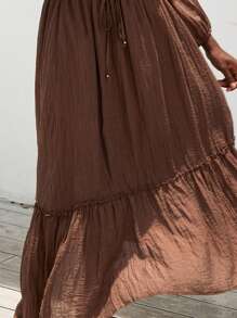 Aveloria Modichic 轻盈纯色透视长袖衬衫和系腰长裙女士夏季度假套装 - 咖啡棕 - 查看 7