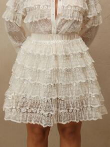 Anewsta Plus Size Heavy Beaded Ruffle Lace Solid Color High Waist A-Line Mini Skirt - Beige - View 5