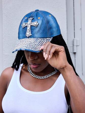 Grunge Punk Casquette de baseball unisexe style punk Y2K avec design de croix incrusté de strass, chapeau de mode streetwear