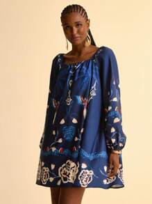 CAJUNI Vestido corto informal de manga farol de manga larga y línea A con estampado retro de pájaros tropicales y plantas en azul marino para mujeres