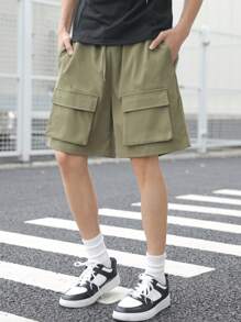 SHEIN Pantaloni scurți cargo pentru adolescenți cu buzunare 3D, stil casual universitar, confortabili și la modă, material moale, versatil pentru purtare zilnică, școală, călătorii, sporturi în aer liber - Verde Armată - Vizualizare 3