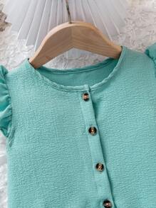 Young Girl Mint Blue Simple Cute & Elegant Round Neck Cap Sleeve Top And Shorts Set - Mint Blue - View 4