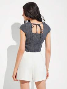 Roylia Women Square Collar Short Sleeve Grey Striped Crop Blouse - Grey - View 2