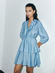 Lumivelle Women's Elegant V-Neck Layered Dress - Dusty Blue - View 4