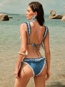 Anewsta 2pcs/Set Women's Bikini Set, Fashion Elegant Mature Ruched Lace Embellished Layered Triangle Cup Bikini Set For Summer Beach Vacation - Blue - View 2