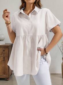 EMERY ROSE 大码休闲条纹衬衫，简约时尚，适合日常穿着、夏季穿着、送给母亲的礼物、波西米亚风、春假风、狂欢风、乡村风 - 卡其色 - 查看 1