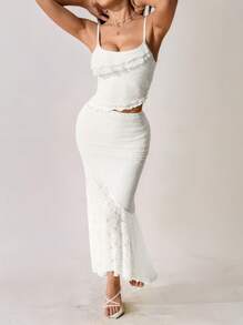 SHEIN PETITE Bộ đồ hai mảnh ren xuyên thấu viền bất đối xứng và váy đuôi cá nhún bèo dài bất đối xứng cạp trễ dành cho mùa cưới xuân hè dành cho nữ - trắng - Xem 5