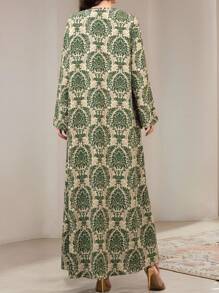 Veilorie Conservative Casual All-Over Print Abaya Dress And Solid Color Extra Long Dress Women's Arabic Set Modest Dresses For Women ,Women Green Dress