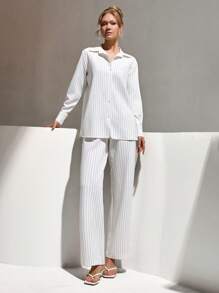 CLARA VERO 长袖衬衫和中腰长直筒裤条纹套装 - 白色 - 查看 4