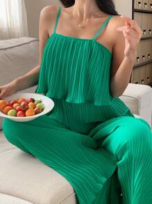 DAZY Piyama Jumpsuit Tanpa Lengan Longgar Berlipit Warna Polos, Pakaian Kembali ke Sekolah - Hijau - View 4