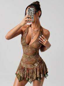 SHEIN ICON 挂脖复古拼色佩斯利印花紧身褶饰不对称下摆迷你连衣裙