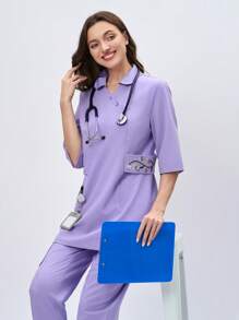 Scrubzie 不对称刺绣长款衬衫领制服上衣 - 紫色 - 查看 7