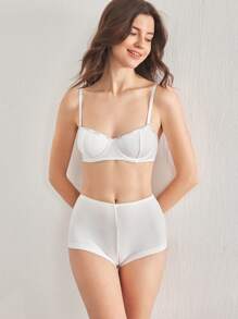 Ocili Leisure Comfort Rib Cotton Wireless Cup-Less Bralette And High Waist Short Panty Set For Women - White - View 6