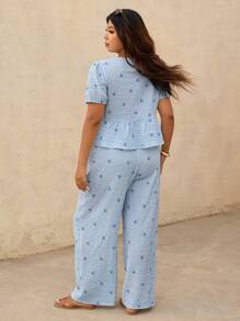 Elaquor 大码蝴蝶印花短袖上衣和长裤两件套