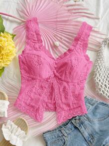 Soleia 女式刺绣前开衩下摆拼布蕾丝边休闲度假背心，适合派对、下午茶、海滩、约会、夏季穿着 - 玫紅色 - 查看 5