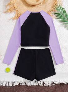 SHEIN Conjunto de traje de baño de ajuste ceñido con mangas raglan y bloques de color morado y negro, adecuado para adolescentes y niñas jóvenes para el verano y la playa