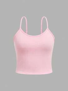 少女三件套简约舒适可调节肩带修身吊带背心套装 - 粉色 - 查看 5
