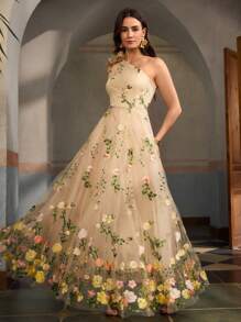 ZEYLAH 3D花卉刺绣网眼女式连衣裙 - 黃色 - 查看 4