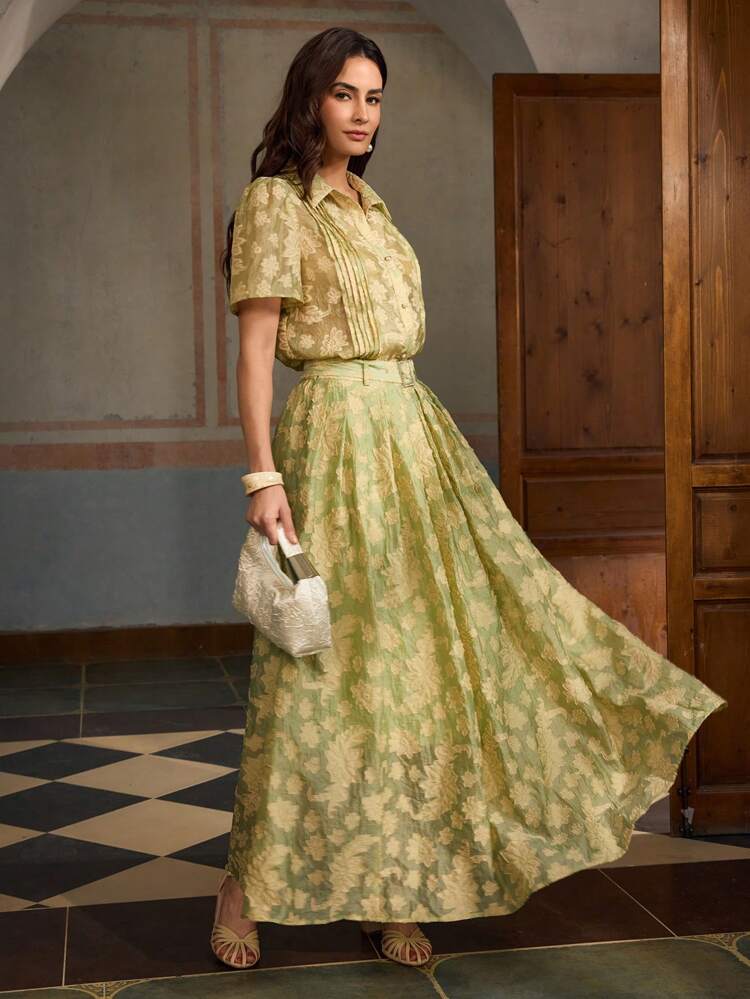 ZEYLAH Cinched Waist Flared Cut-Out Elegant Long Skirt, Spring And Summer