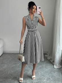 SHEIN PETITE Vestido de mujer elegante a media pierna sin mangas con cintura ceñida y rayas, para primavera/verano