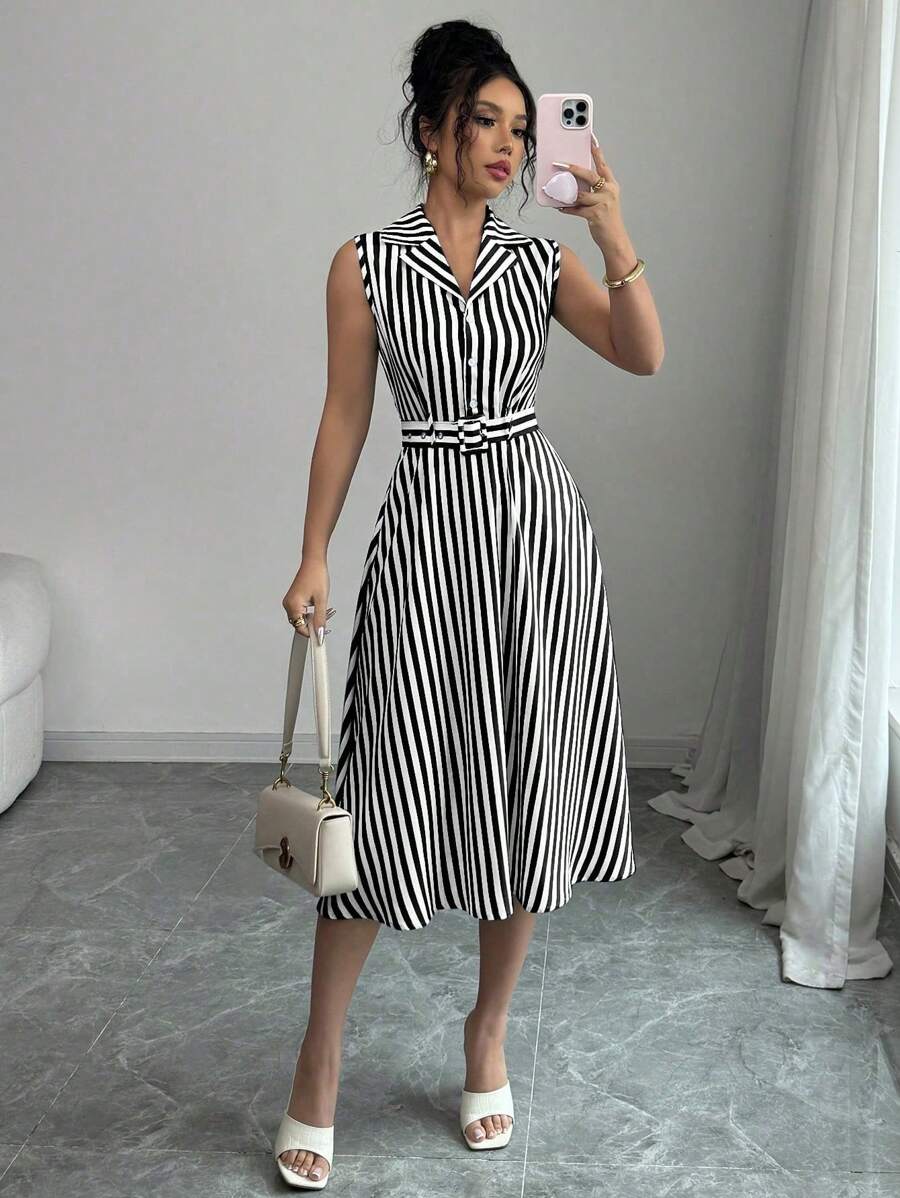 SHEIN PETITE Vestido de mujer elegante a media pierna sin mangas con cintura ceñida y rayas, para primavera/verano