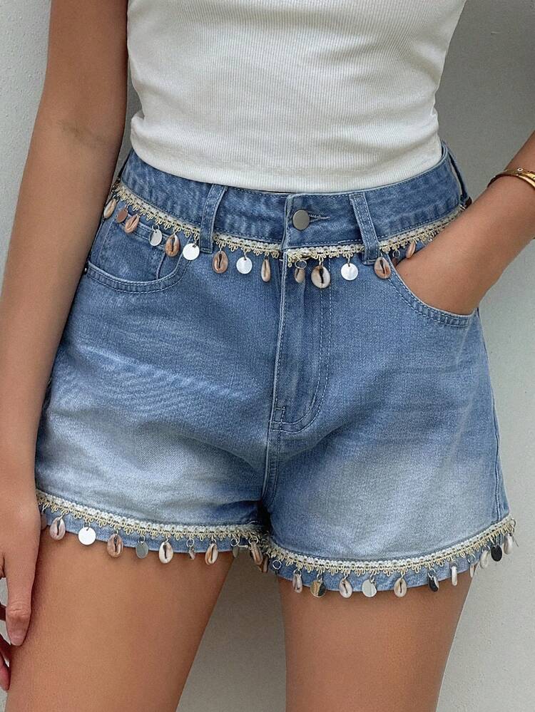 Shell Decor Tassel High Waist Denim Shorts, A-Line Slim Fit Versatile Hot Pants, New Fashion Vacation Style Jorts