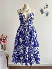 Dreamara Plus Size Women Sleeveless Ethnicity Print Maxi Dress, Vacation Wear - Blue and White - View 4
