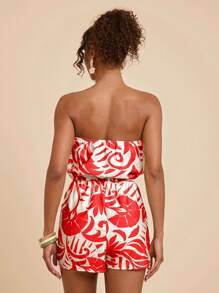 Travachic 女士热带植物印花抹胸连体衣，女士夏季服装，女士度假服装，沙滩装，复活节，女士沙滩装 - 紅白色 - 查看 2
