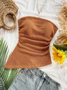 Soleia Parte superior de camisola para mujer con bajo asimétrico con volantes, abertura lateral, textura en color caqui marrón, ajustada y favorecedora, para fiesta, sexy, Día de San Valentín, cita, té de la tarde, vacaciones en la ciudad. Top tubo marrón óxido, top marrón café, blusas de verano para mujer, blusas de punto, de vuelta al colegio, graduación, top cruzado