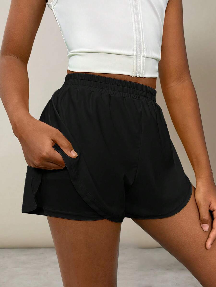 Tween Girl Solid Elastic Waist Active Shorts - Black - View 1