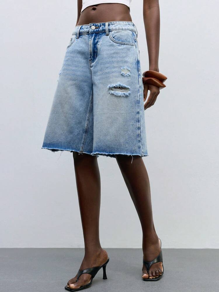SHEIN Maija Women's Blue Jeans Low Waist Bermuda Shorts Wide Leg Pants Suitable For Summer Holiday Casual Wear, Going Out