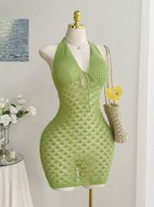 Comfortcana 夏季大码纯色针织无袖露背镂空系带连衣裙