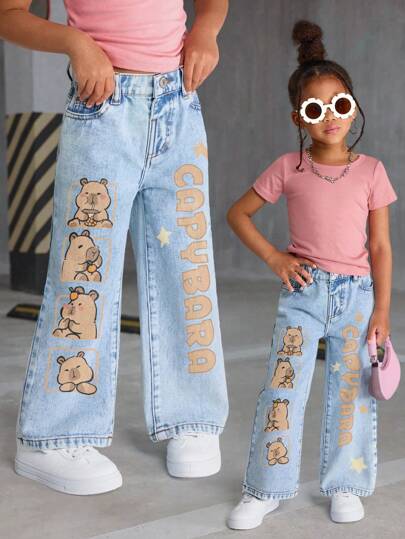 Young Girls Jeans, New Casual Fashion Style, Cute & Exquisite Carp Diem Graffiti Print, Stylish Design, Versatile & Simple, Soft & Comfortable Material, Light Blue Washed Denim Straight Leg Pants