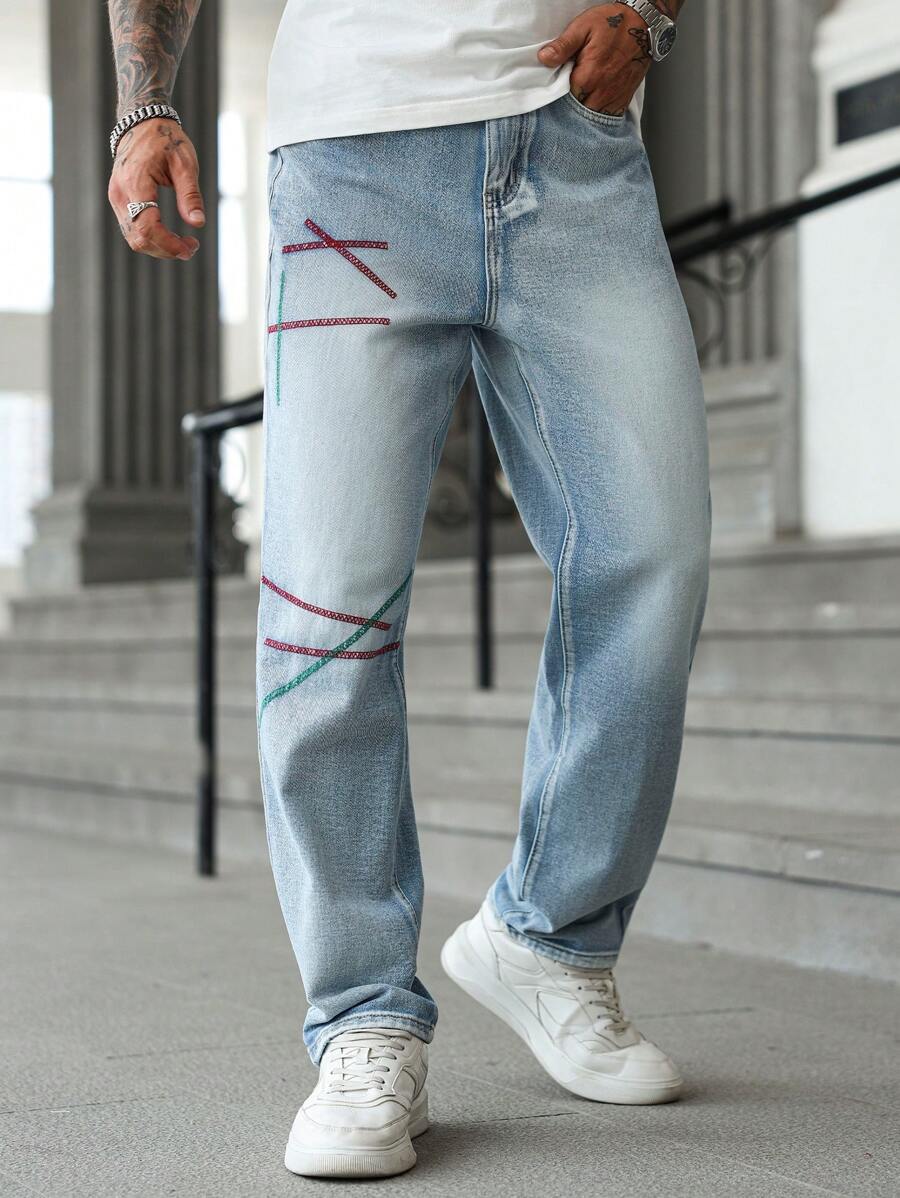 Manfinity LEGND 男士直筒宽松休闲百搭宽松牛仔裤，带口袋 - 藍色 - 查看 1